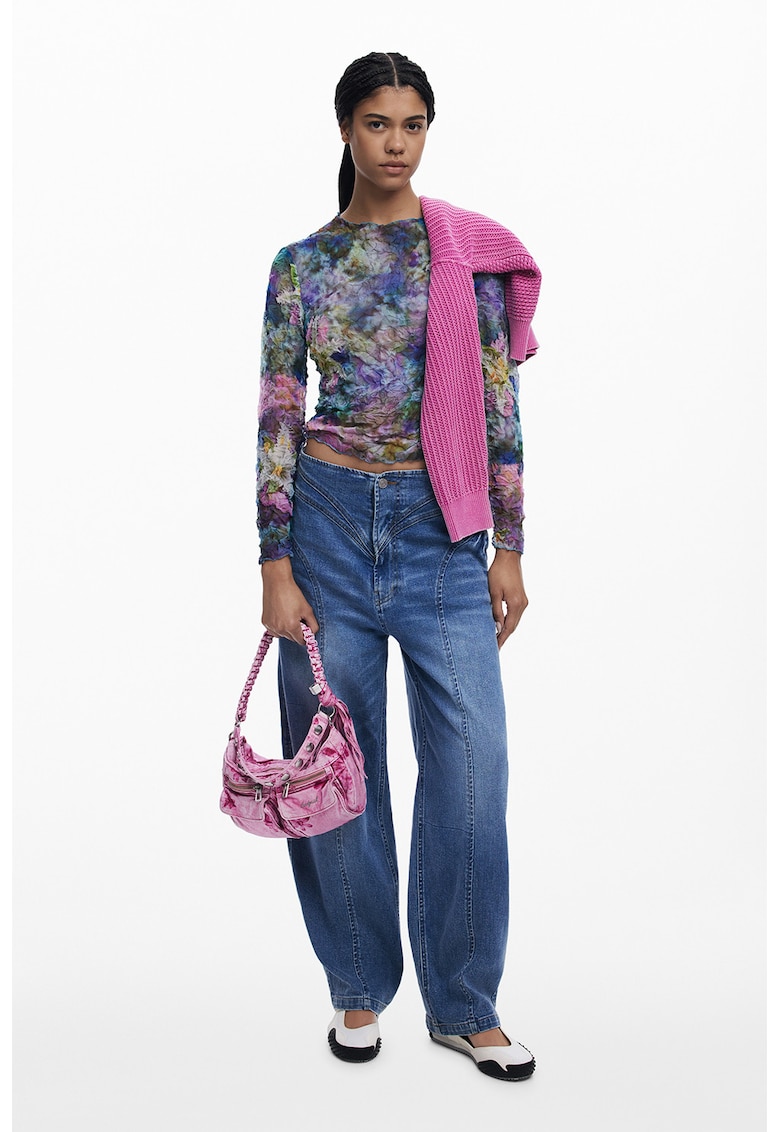 Bluza slim fit texturata - Albastru pastel/Roz pal