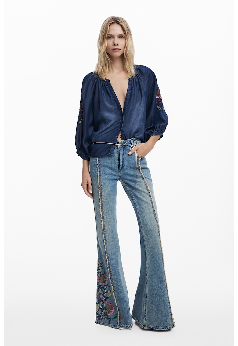 Bluza din chambray cu maneci cu broderie - Bleumarin