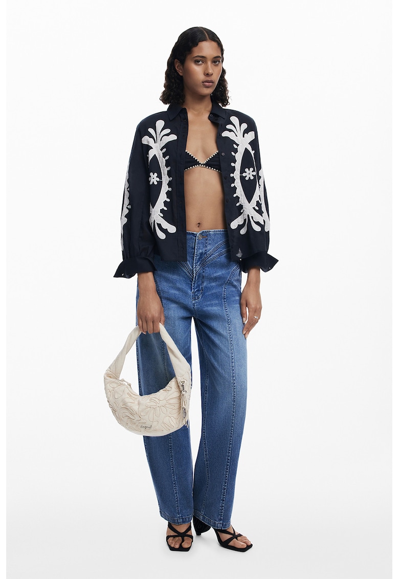 Camasa din bumbac cu broderii din dantela Sangallo - Negru/Alb murdar