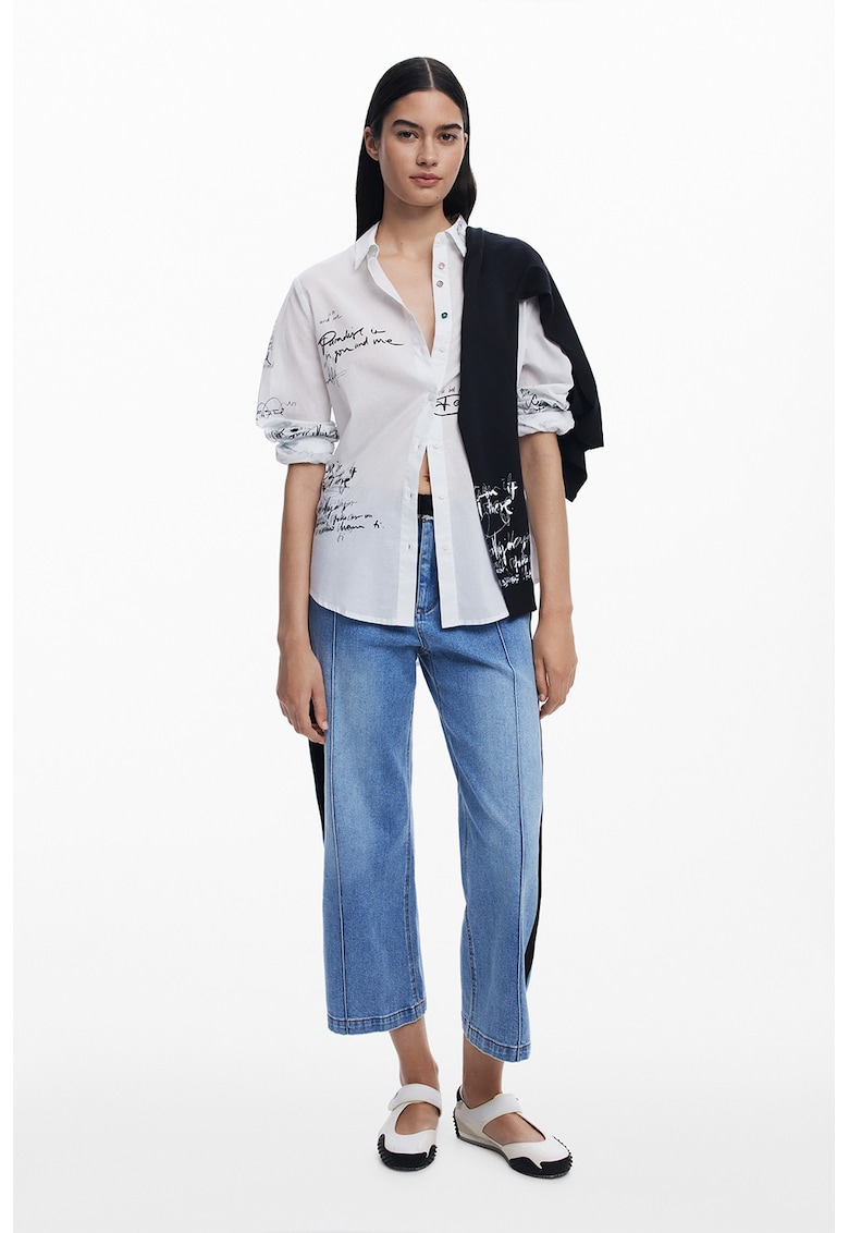 Camasa din bumbac cu imprimeu text - Alb