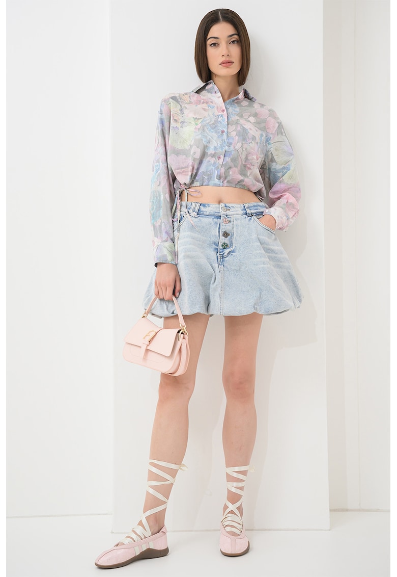 Camasa crop cu imprimeu floral - Gri deschis/Roz pal