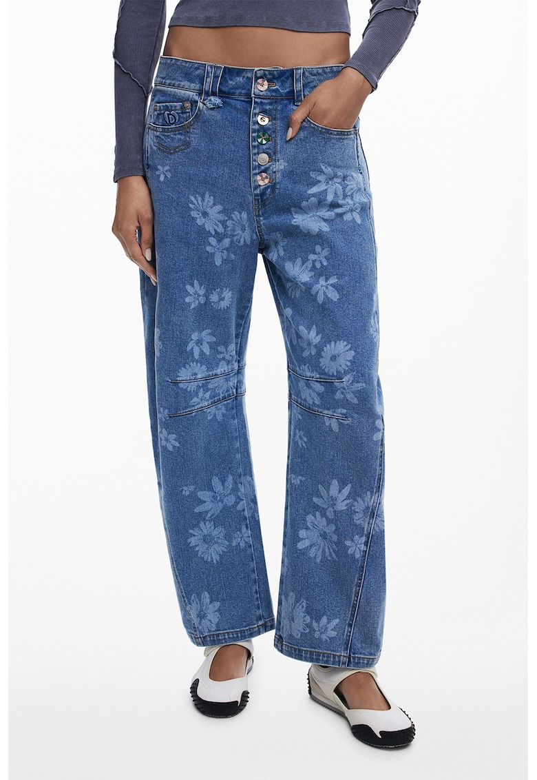 Blugi cu croiala dreapta si imprimeu floral - Albastru melange
