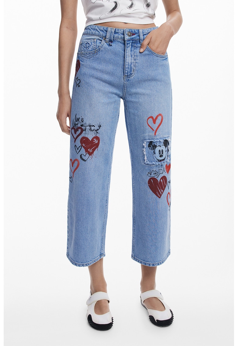 Blugi crop cu imprimeu grafic - Albastru deschis