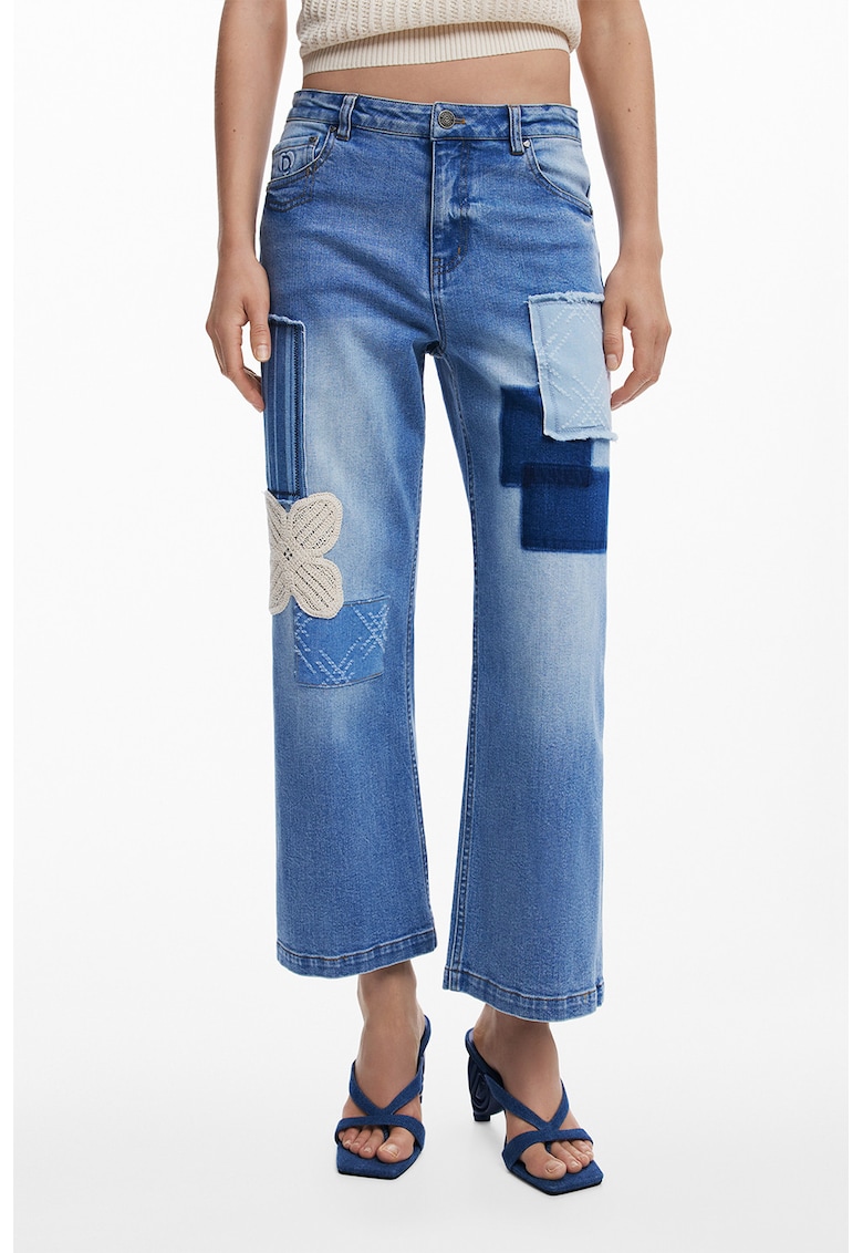 Blugi crop cu broderie florala - Albastru