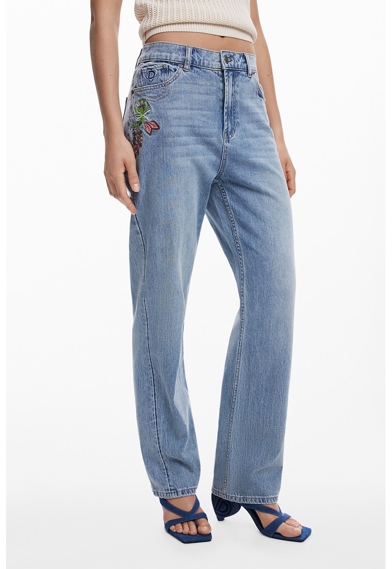 Blugi mom fit cu broderie - Albastru deschis melange