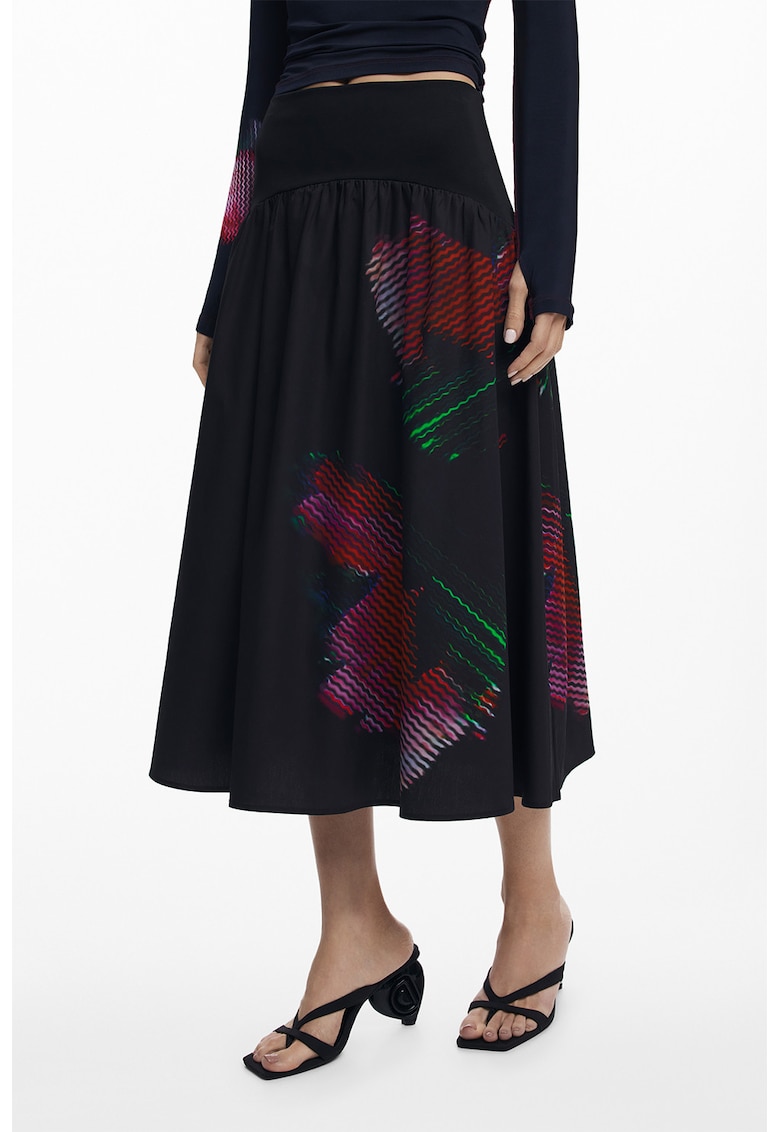 Fusta midi cu model floral - Negru