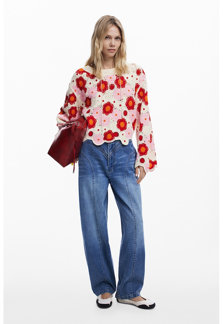 Bluza crosetata cu model floral - Rosu/Roz