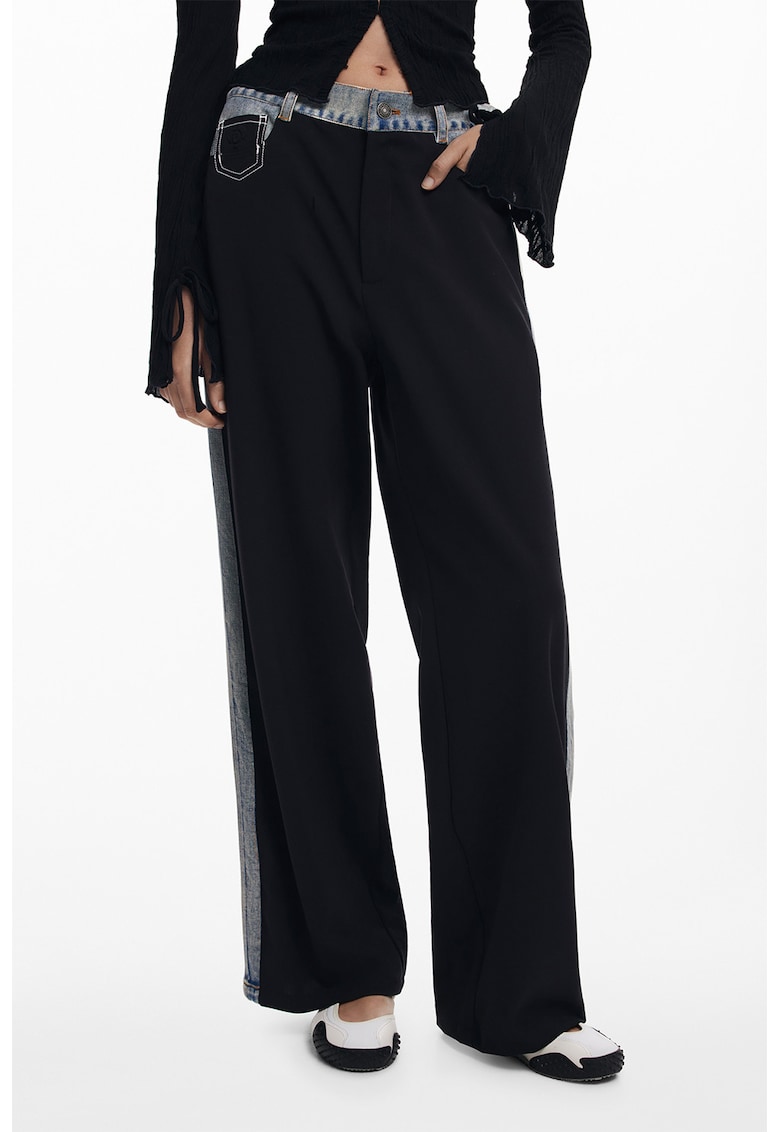 Pantaloni cu croiala ampla si garnituri din denim - Negru