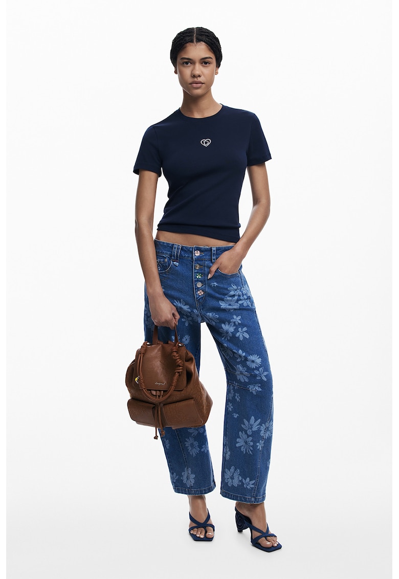 Tricou slim fit cu imprimeu discret pe piept - Albastru ultramarin