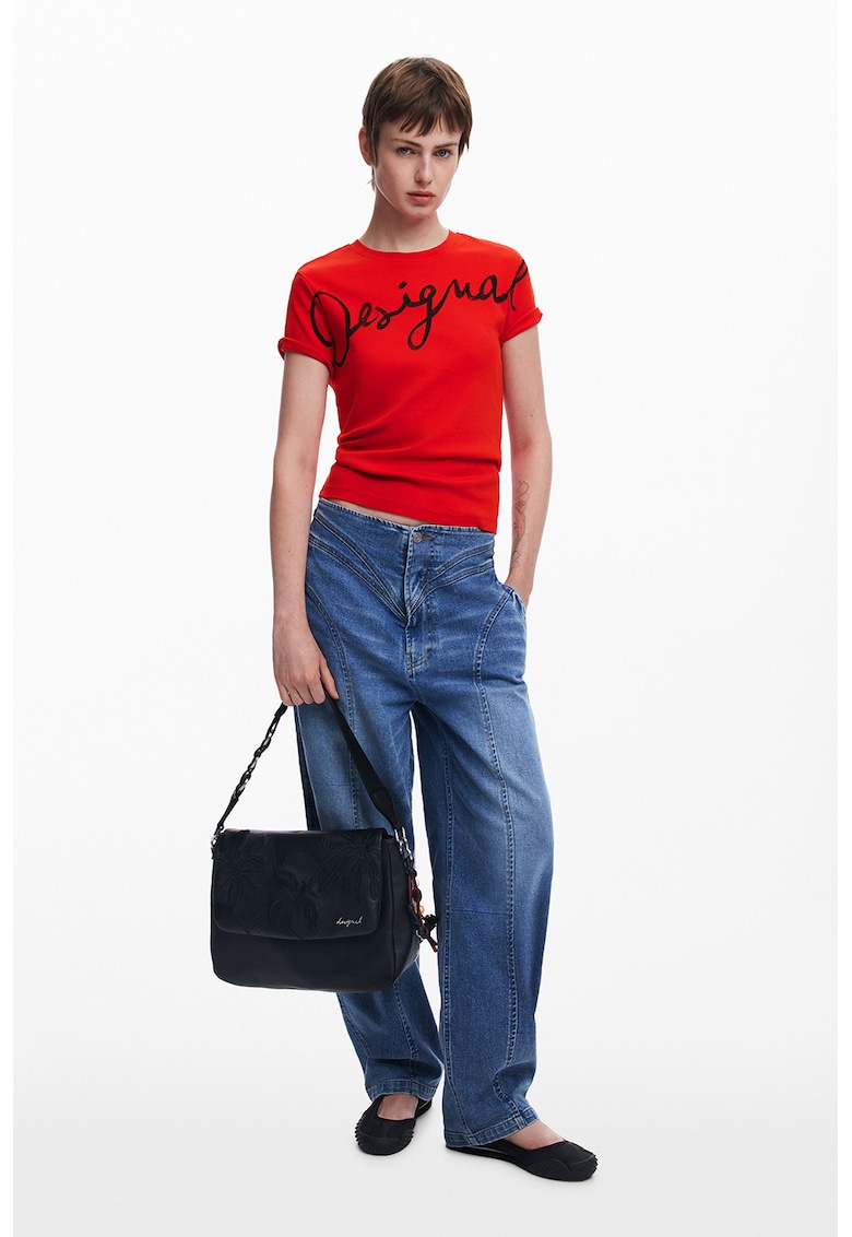 Tricou din amestec de bumbac cu decolteu la baza gatului si imprimeu logo - Rosu