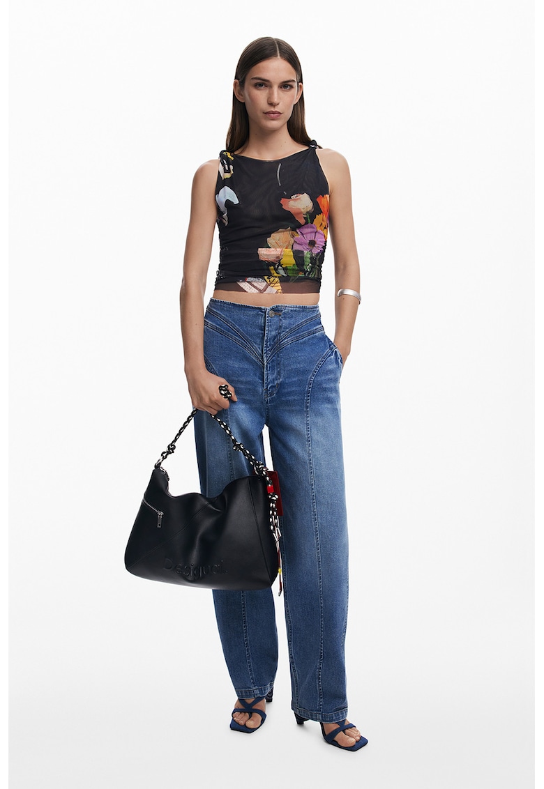 Top slim fit cu model floral - Negru