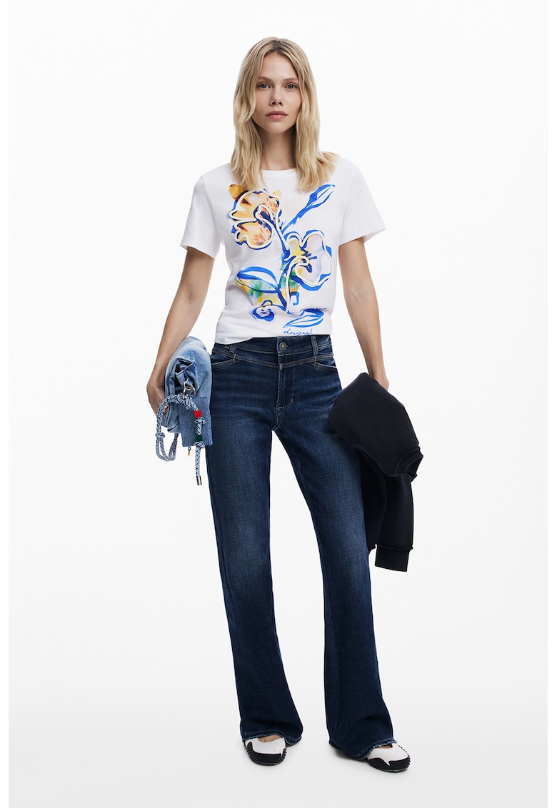 Desigual Tricou din bumbac cu model floral - Alb/Albastru
