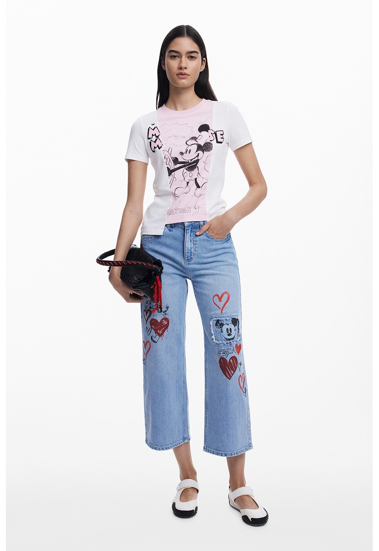 Tricou slim fit cu Mickey Mouse - Alb/Roz pal