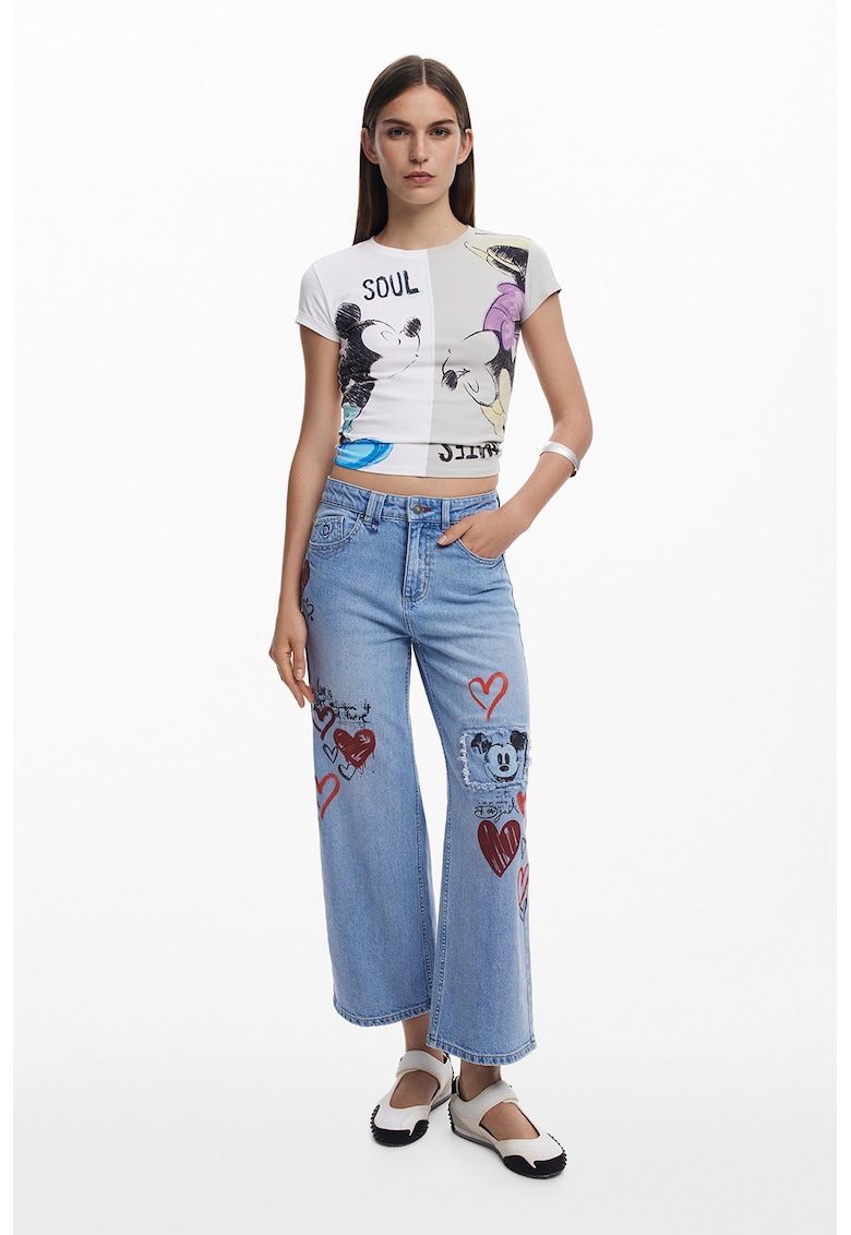 Tricou crop cambrat cu imprimeu cu Mickey&Minnie - Alb/Gri deschis