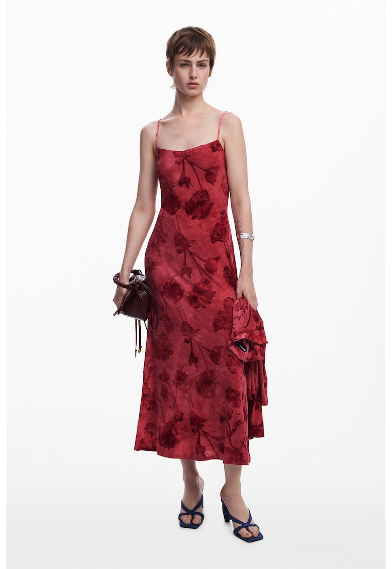 Rochie midi cu model floral - Rosu inchis