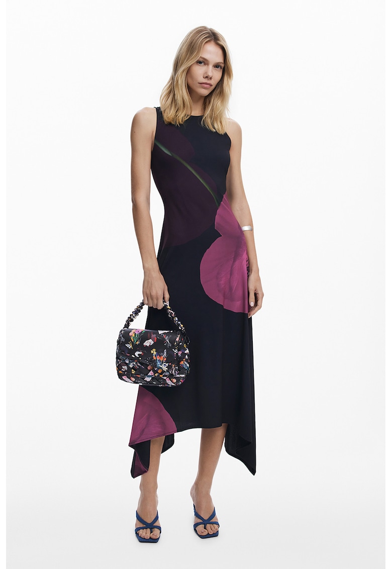 Rochie asimetrica cu model floral - Negru/Violet