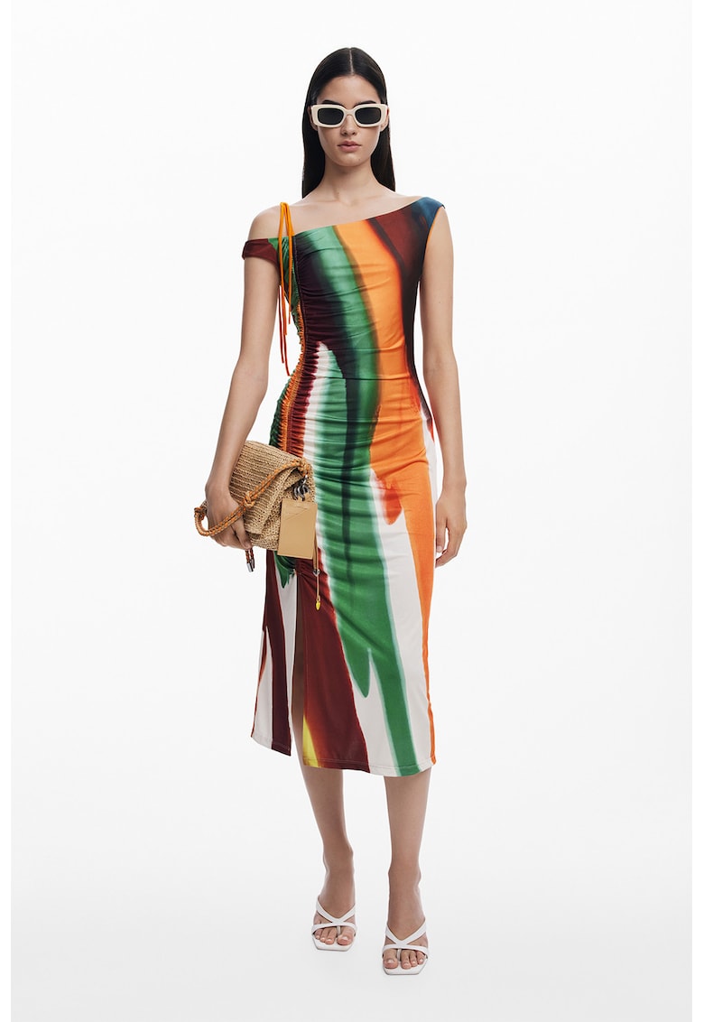 Rochie midi cu model in dungi abstract si drapaj lateral - Multicolor