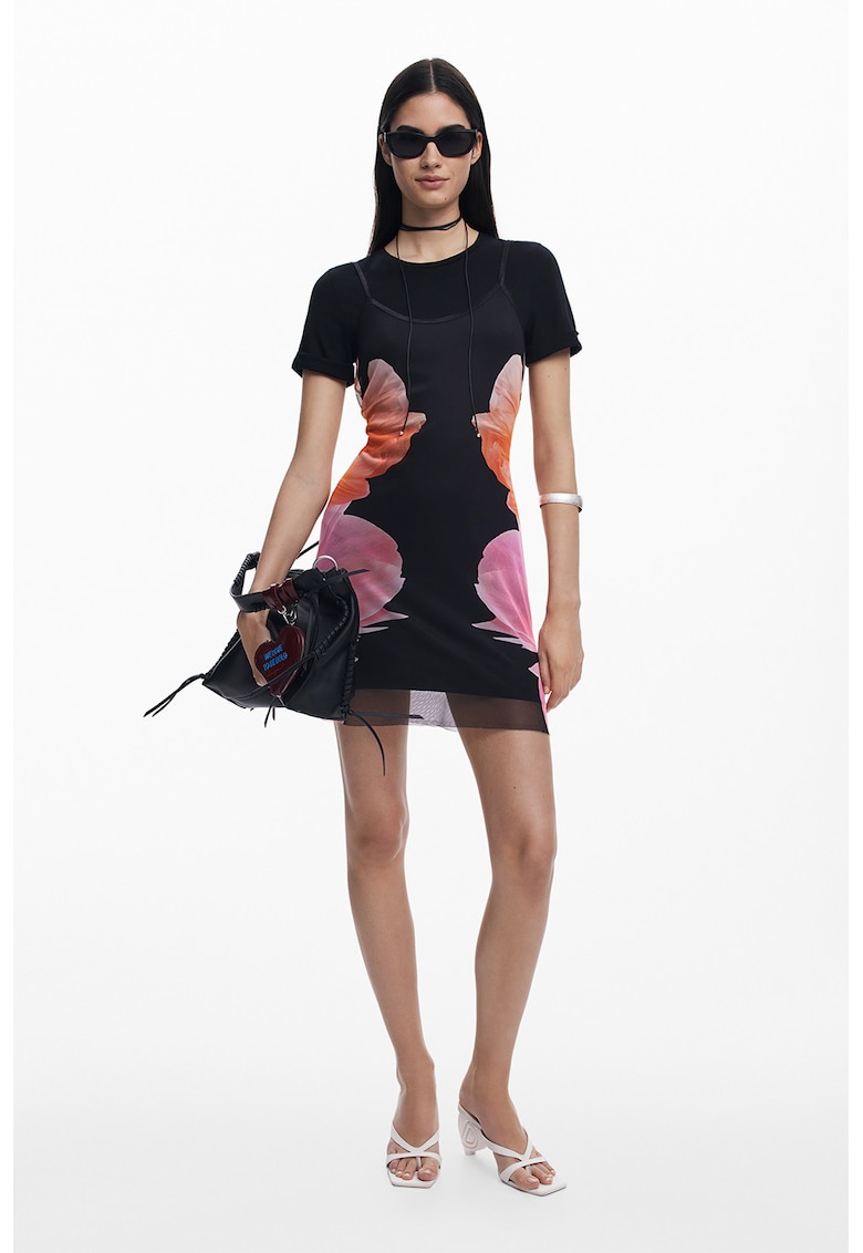 Rochie scurta cu model floral si 2-in-1 - Negru/Roz pal