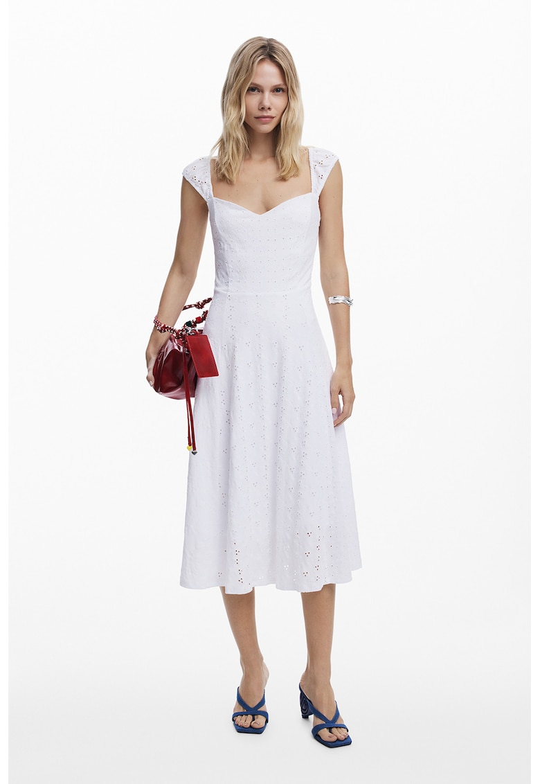 Rochie cu broderie si decolteu sweetheart - Alb