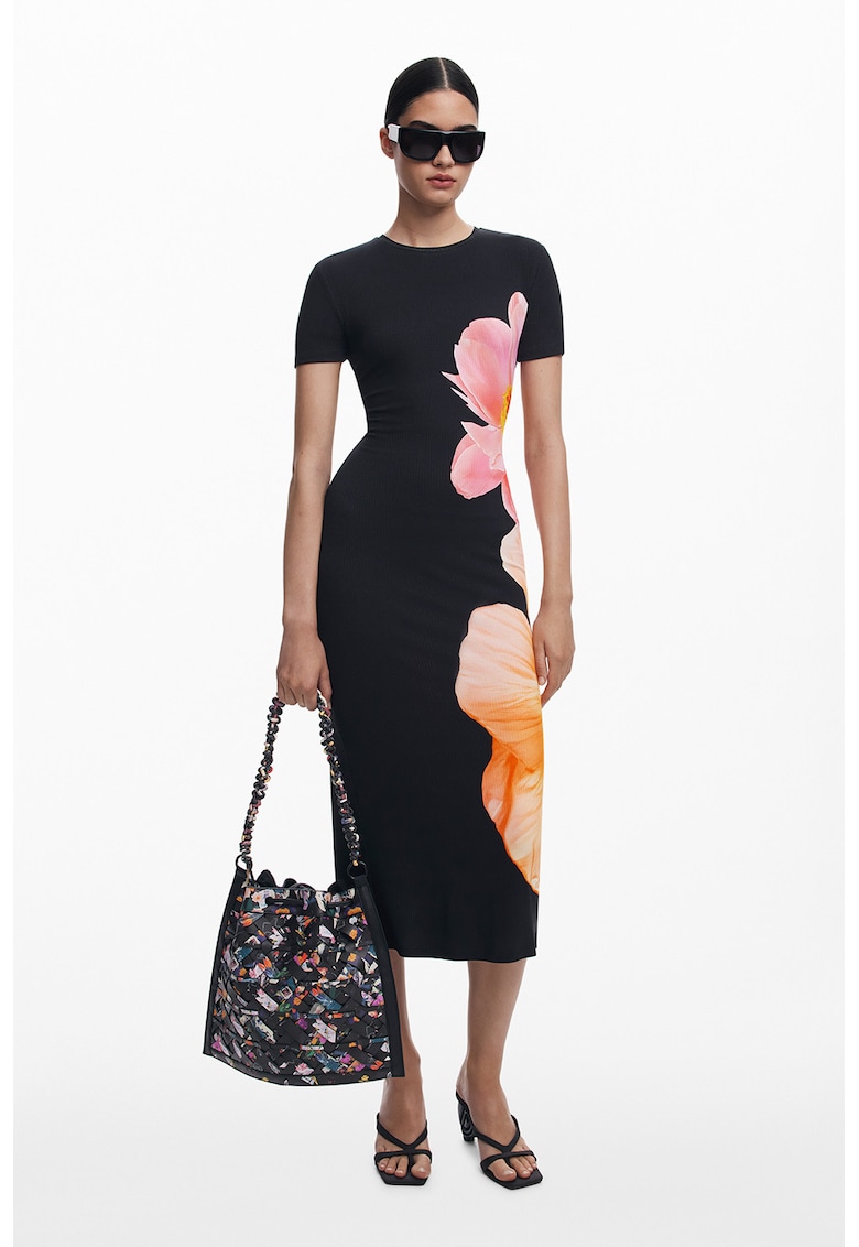 Rochie-tricou cu imprimeu floral - Negru