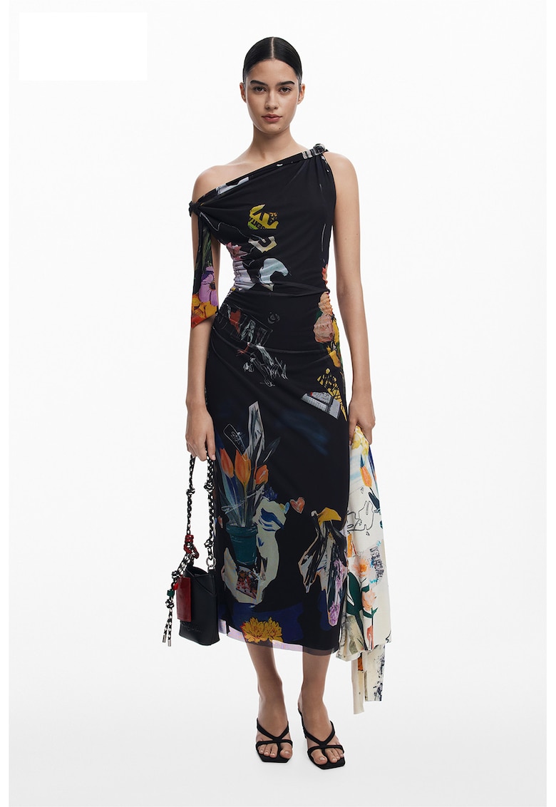 Rochie midi cu imprimeu si detalii drapate - Negru