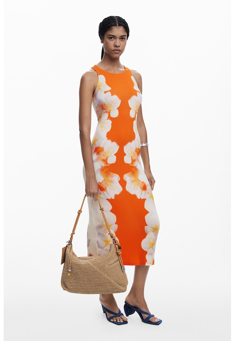 Rochie fara maneci cu imprimeu floral - Alb/Portocaliu