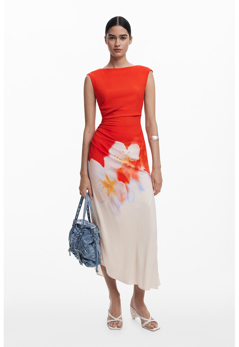 Rochie fara maneci cu imprimeu si terminatie asimetrica - Rosu/Alb