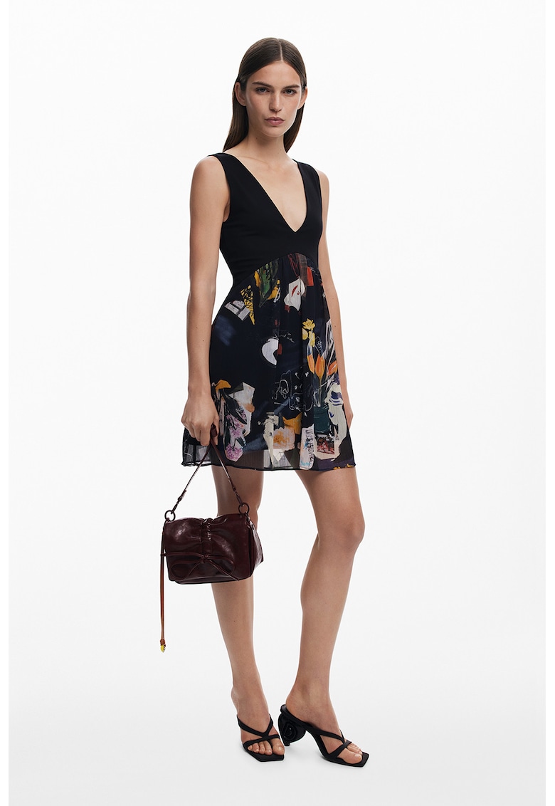 Rochie cu decolteu in V si imprimeu - Negru