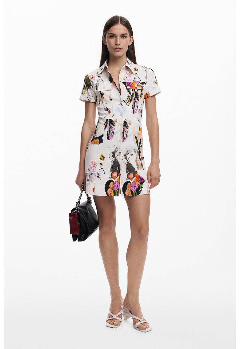 Rochie-camasa mini cu model floral - Alb/Negru stins