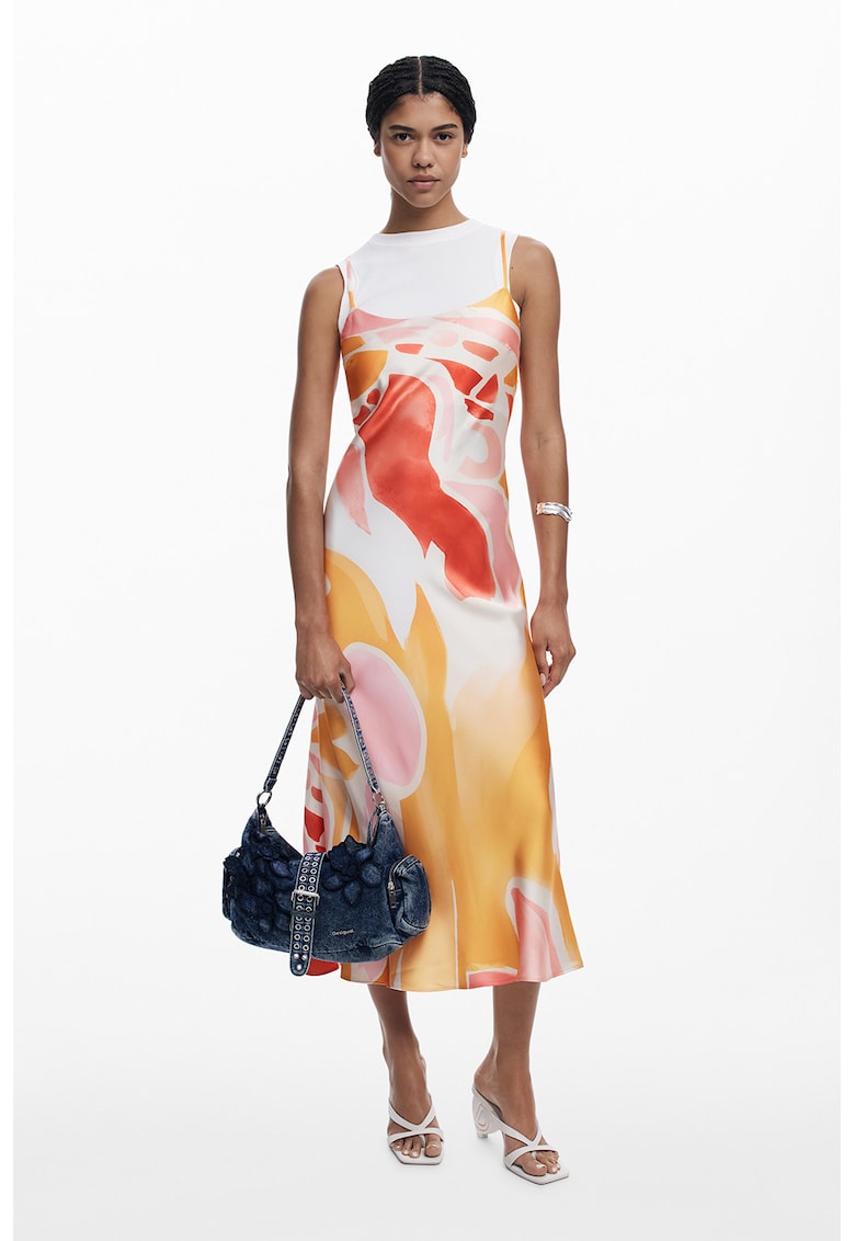 Set de rochie cu model - aspect satinat si croiala pe bie si top - 2 piese - Alb/Galben