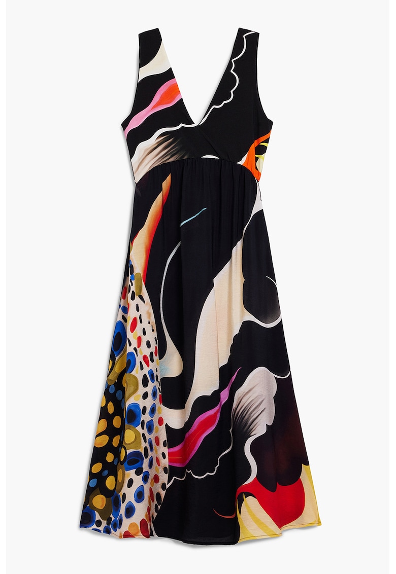 Rochie midi cu model abstract si decolteu in V - Negru/Multicolor