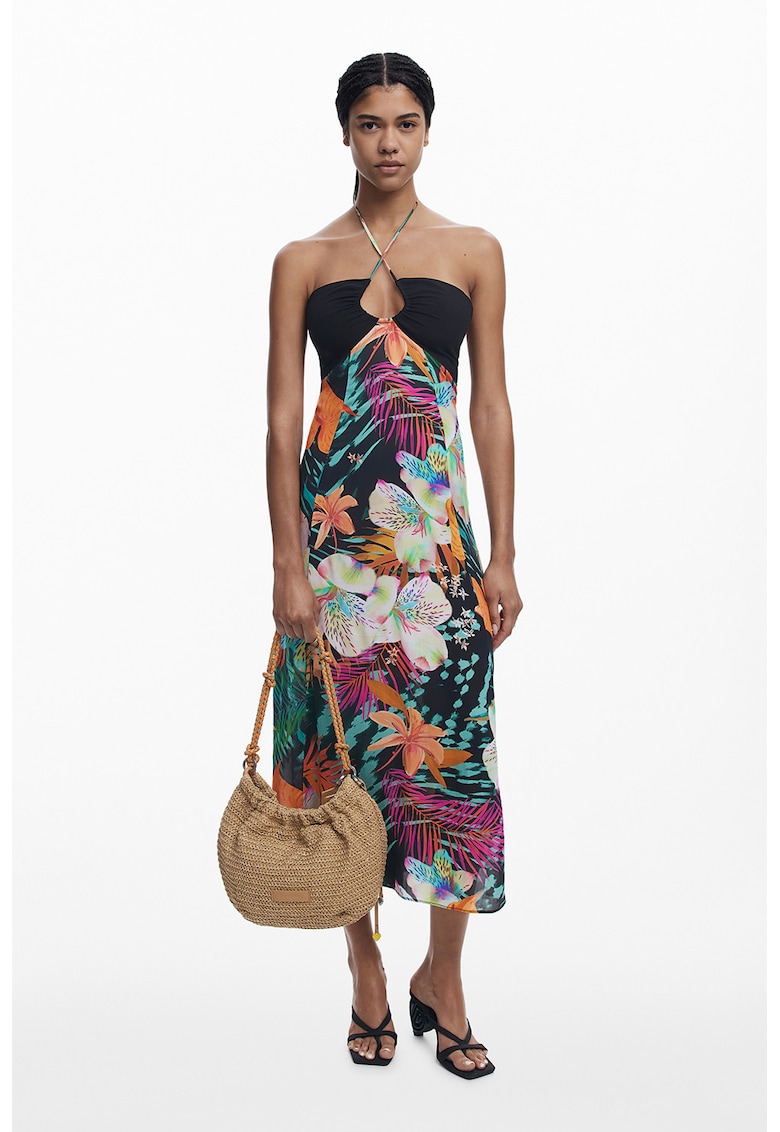 Rochie midi cu model floral si detaliu cu decupaj - Multicolor