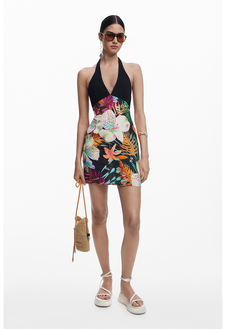 Rochie din amestec de in cu decolteu in V si model floral - Multicolor