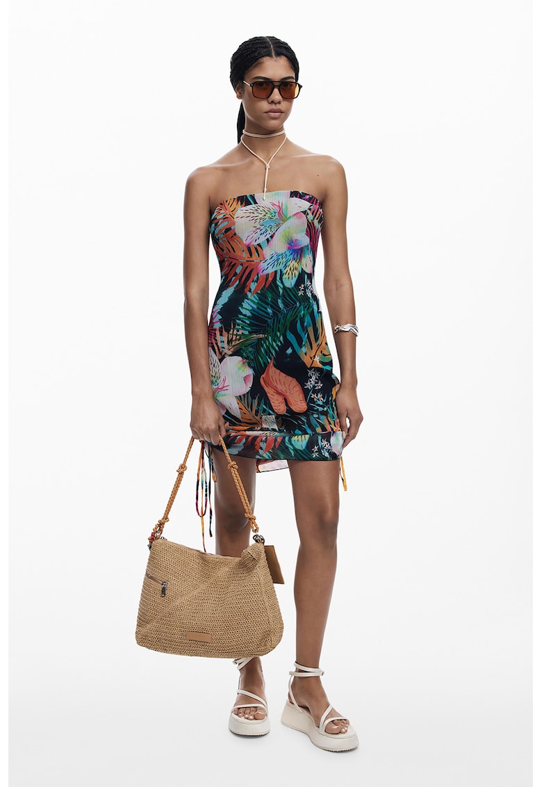 Rochie mini de plaja cu model tropical si terminatie ajustabila - Multicolor