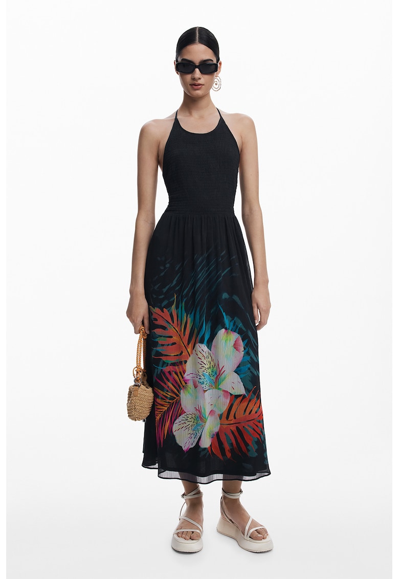 Rochie midi de plaja cu imprimeu floral - Negru