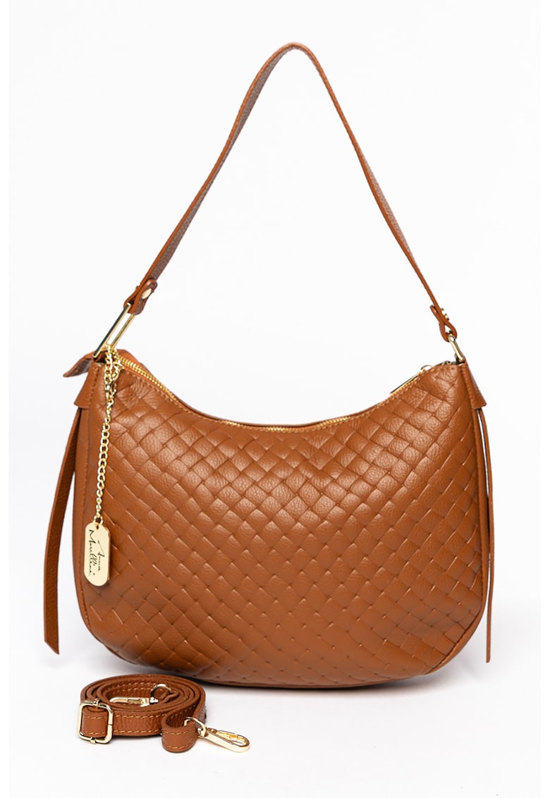 Geanta texturata din piele cu bareta de umar si accesoriu detasabil - Caramel