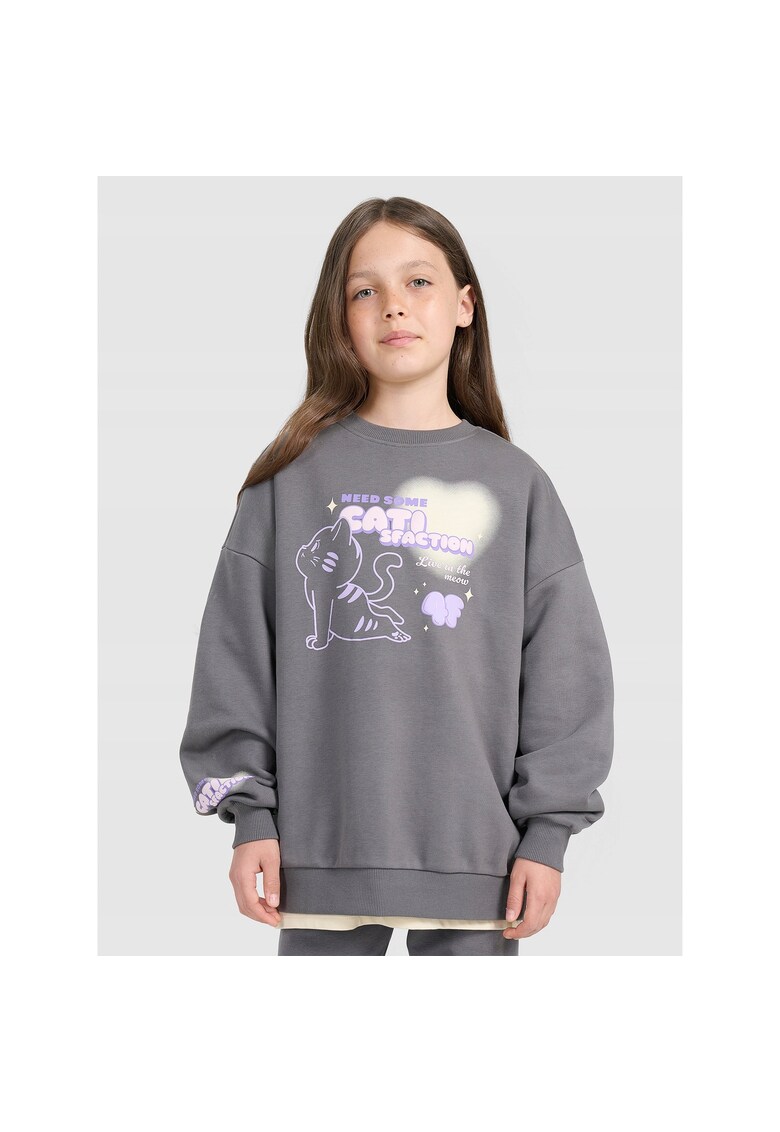 Hanorac pentru fete - oversize - gri - bumbac - fara gluga - fara inchidere -