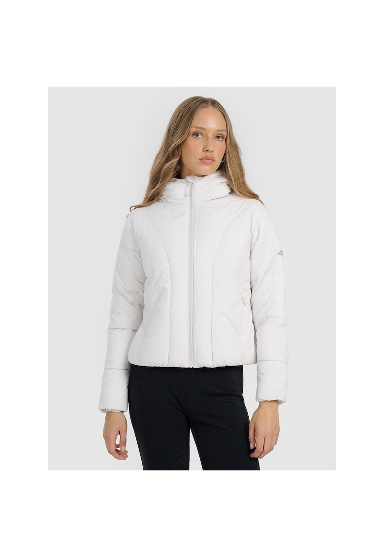 Geaca de puf pentru femei - gri - umplutura sintetica - croiala slim - guler inalt - gluga integrata