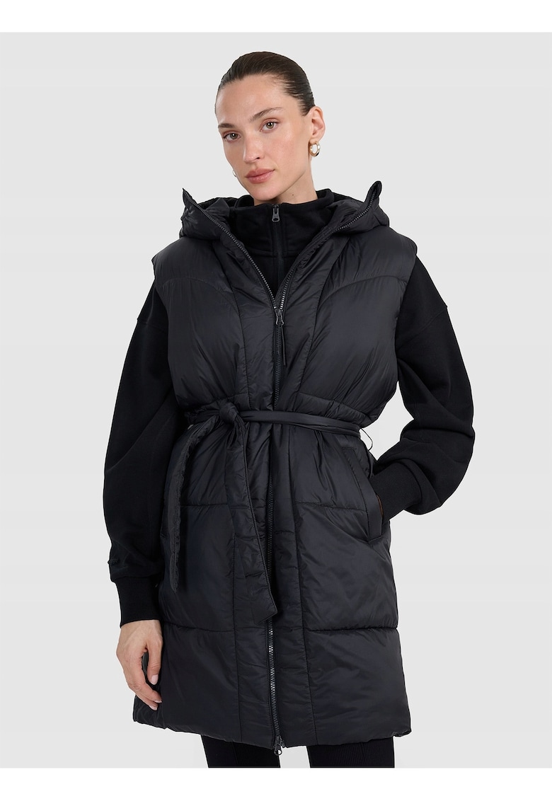 Vesta lunga de puf negru - gluga - hidrofob - poliester - pentru femei -