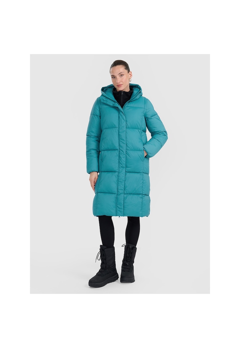 Geaca de puf pentru femei - turcoaz - umplutura sintetica - impermeabil - lungime pana la genunchi