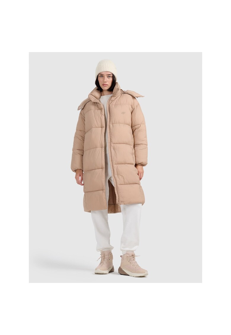 Geaca puf pentru femei - bej - gluga detasabila - hidrofob - poliester -
