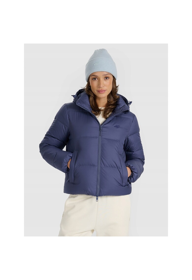 Geaca de puf pentru femei - bleumarin - umplutura naturala - poliester - set cu gluga ajustabila -