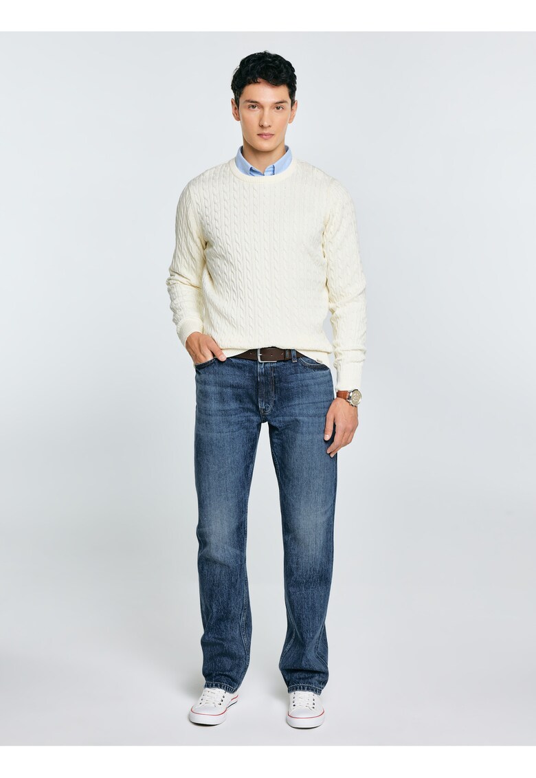 Pulover barbati - cu impletitura si broderie - crem - material tricotat