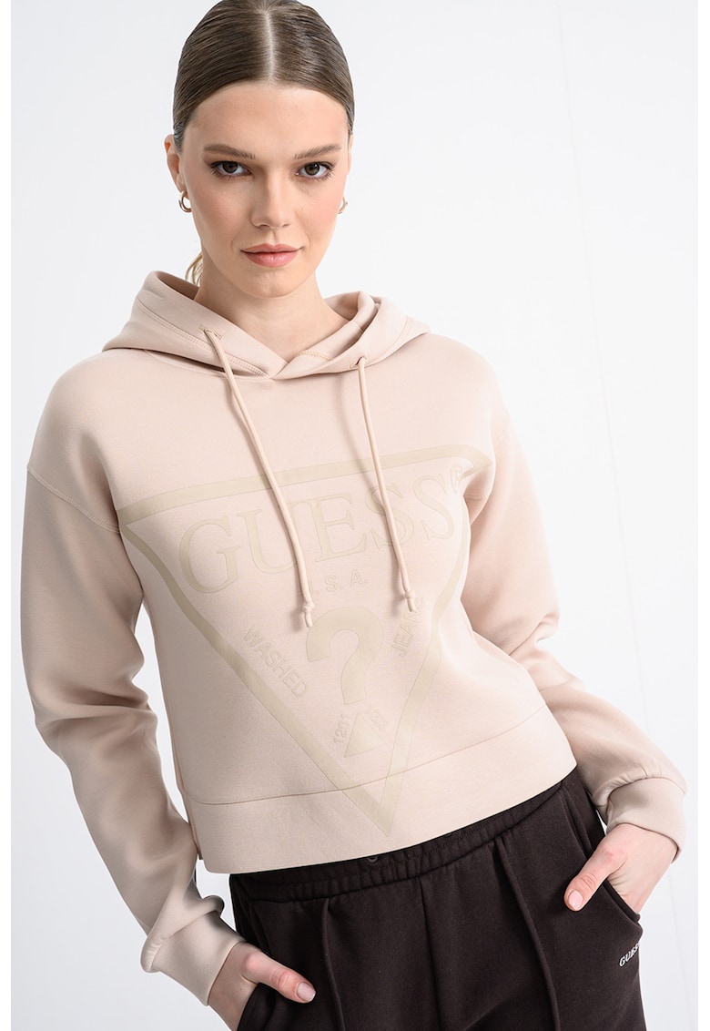 Hanorac crop cu croiala supradimensionata si imprimeu logo - Bej/Roz prafuit