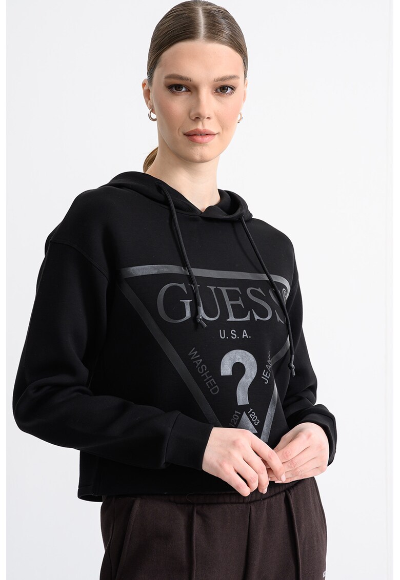 Hanorac crop cu croiala supradimensionata si imprimeu logo - Negru