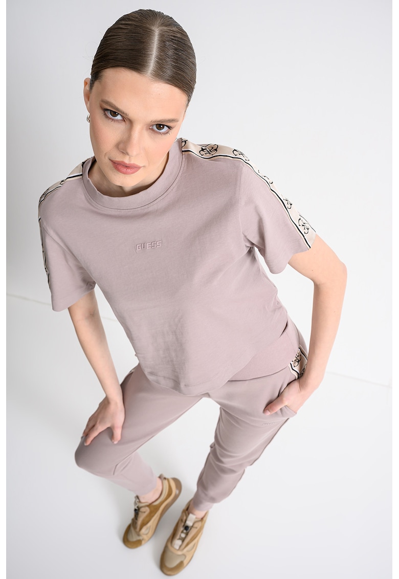 Tricou crop de bumbac cu segmente laterale cu logo - Roz prafuit