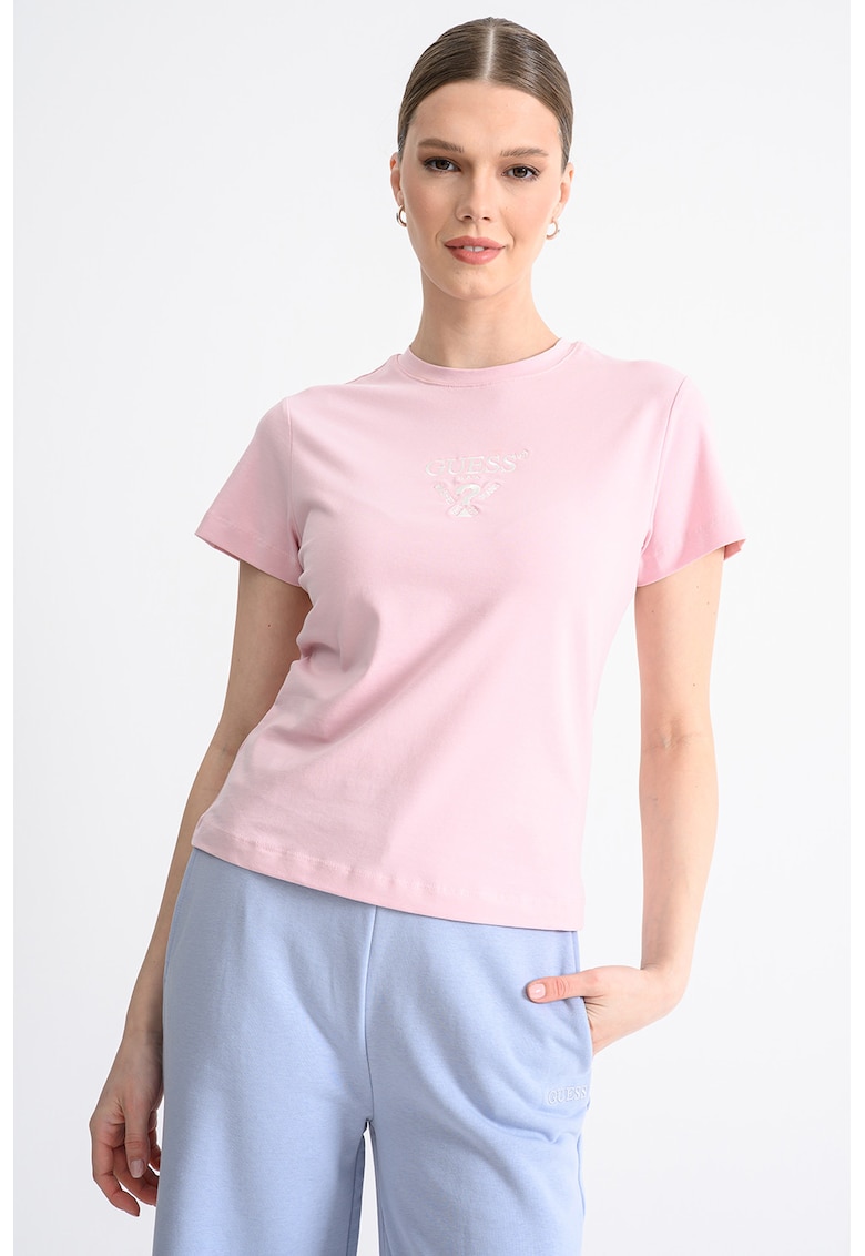 Tricou cu logo brodat pe piept - Roz pastel