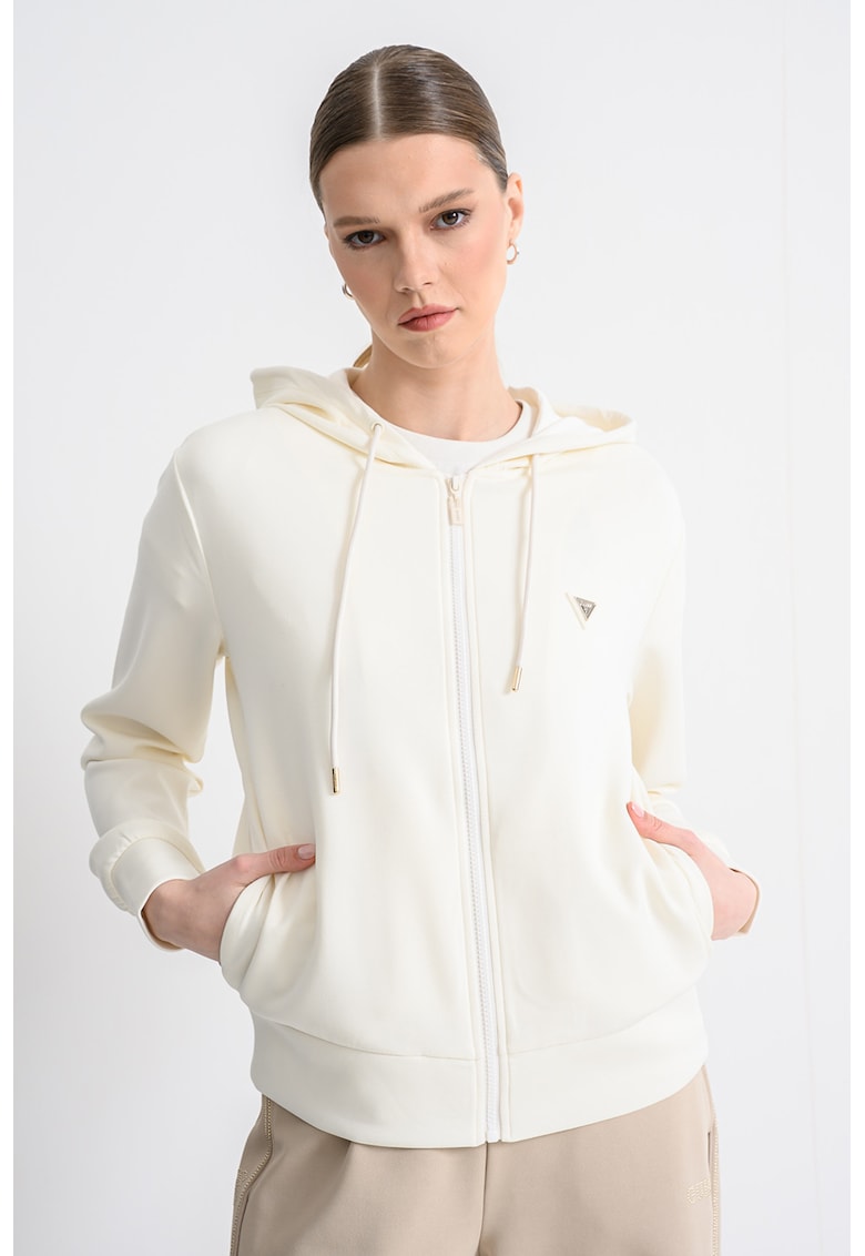 Hanorac din amestec de modal cu aplicatie logo discreta si fermoar - Crem