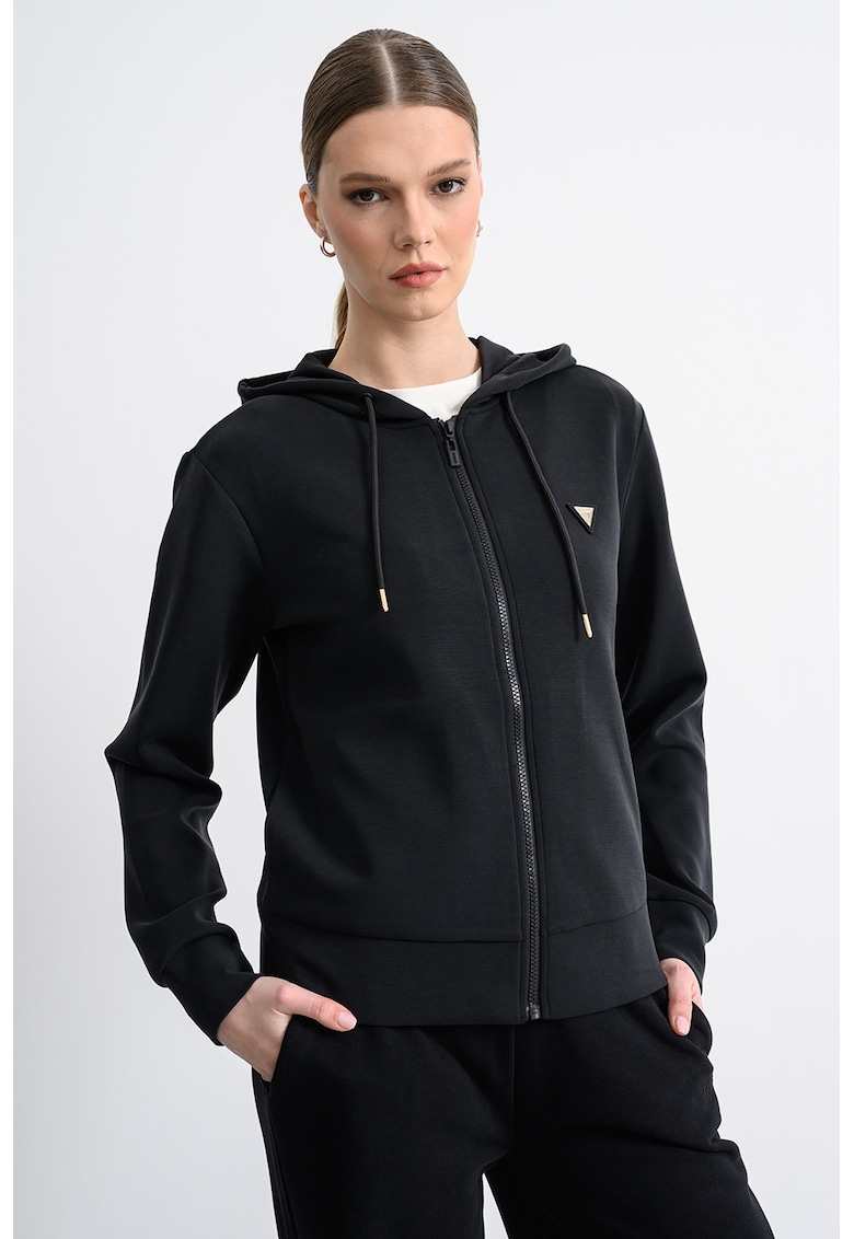 Hanorac din amestec de modal cu aplicatie logo discreta si fermoar - Negru
