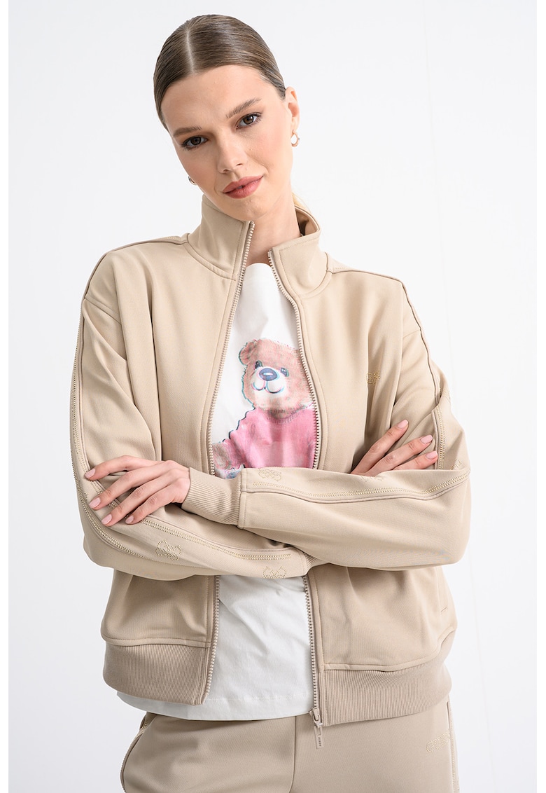 Bluza de trening cu fermoar si imprimeu logo discret - Maro taupe deschis